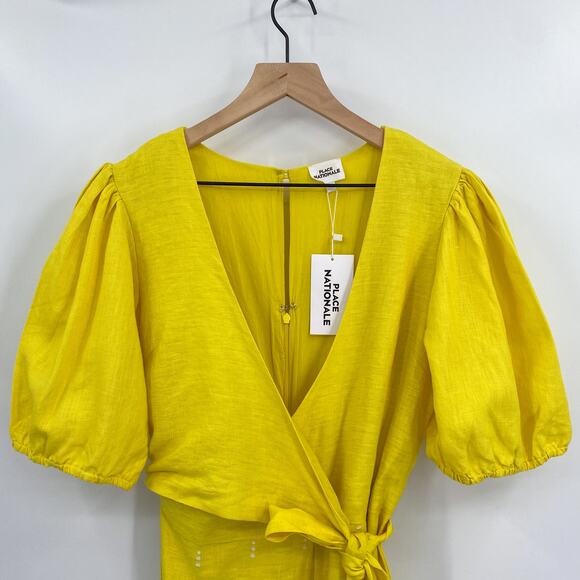 Place Nationale Daloa Linen Wrap-Front Embroidered Romper in Yellow Size 2 NWT - Picture 3 of 10
